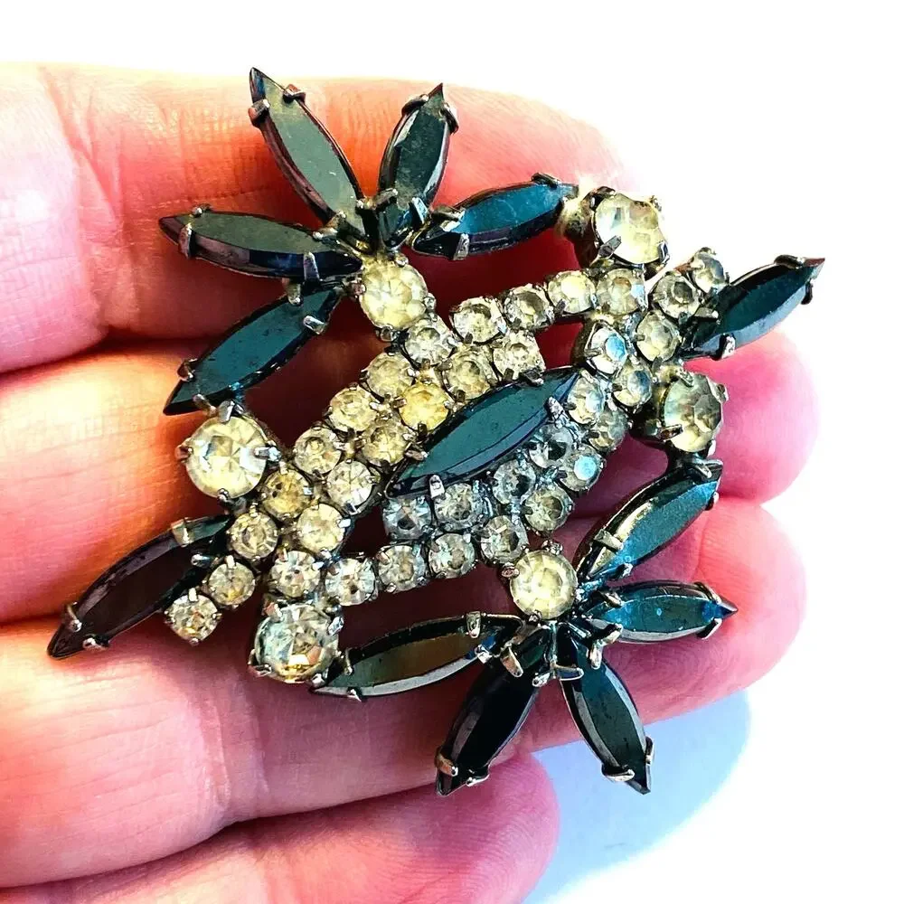 Vintage Mid Century Rhinestone Brooch Gray & Clear White Elegant Statement Pin